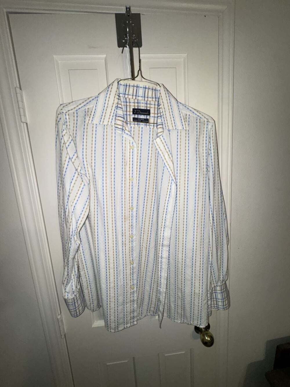 7 Diamonds Men's Long Sleeve Button-Up Dress Shirt White Blue Brown Striped Size